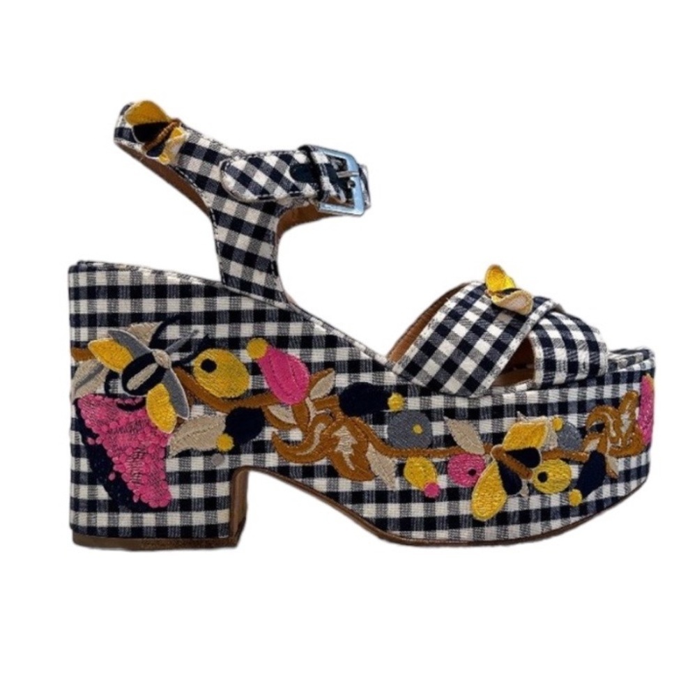 Laurence Dacade Helissa Navy Gingham Floral Embroidered Preppy Wedge Heels 39
